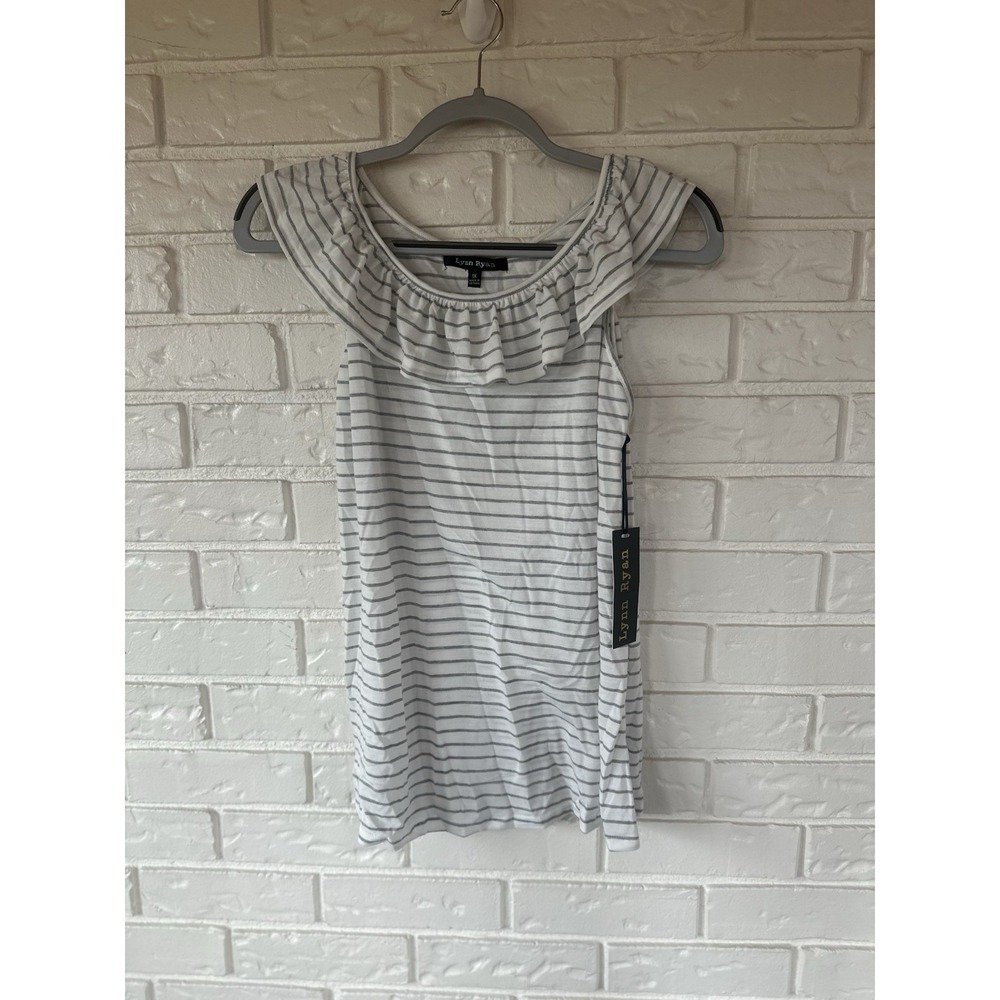 Lynn Ryan Gray & White Striped Ruffle Neck Sleeveless‎ Top 1X NWT